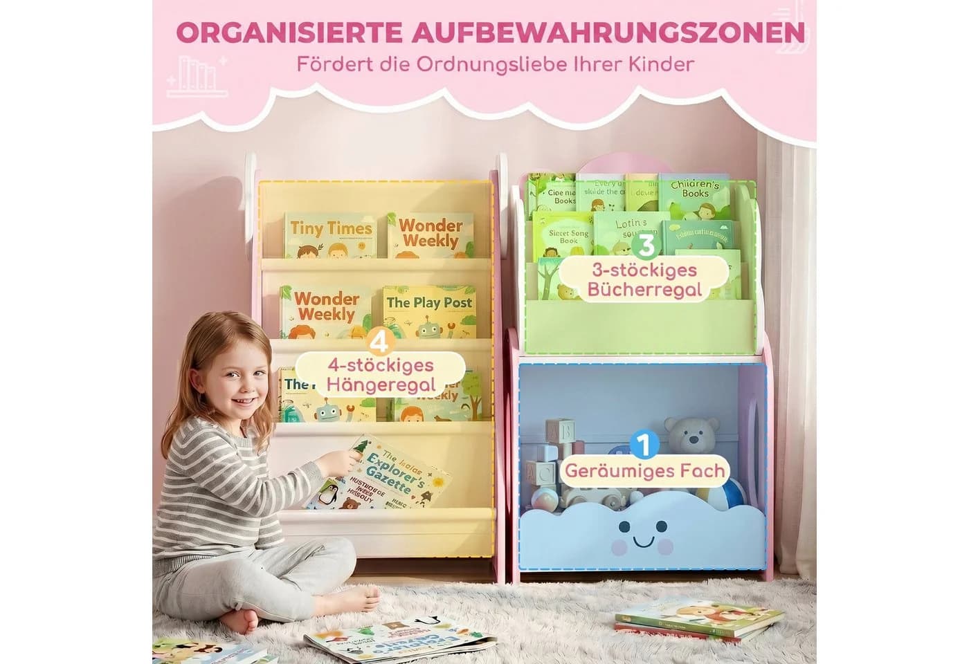 AIYAPLAY Kinderregal Set 3-tlg. Rosa Weiß mit Nachttisch - Bild 5