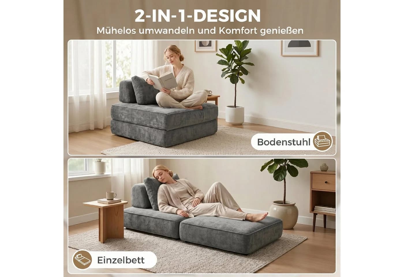 HOMCOM Bodenkissen Klappbar Grau 2-in-1 Schlafsessel mit Chenille-Optik - Bild 4