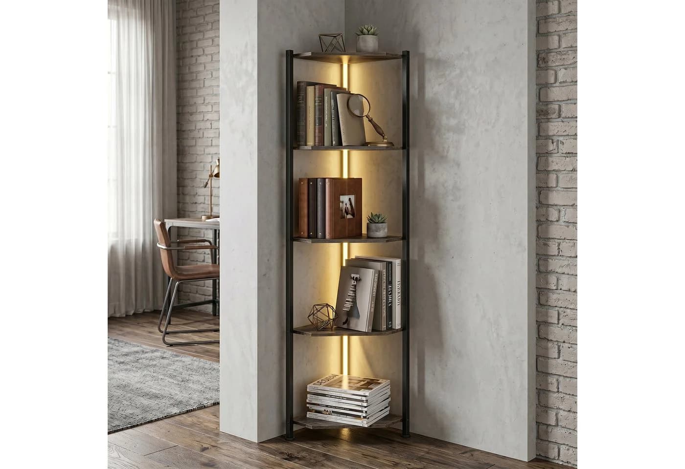 HOMCOM Bücherregal 5-stöckiges Eckregal mit LED-Beleuchtung Braun/Schwarz - Bild 2