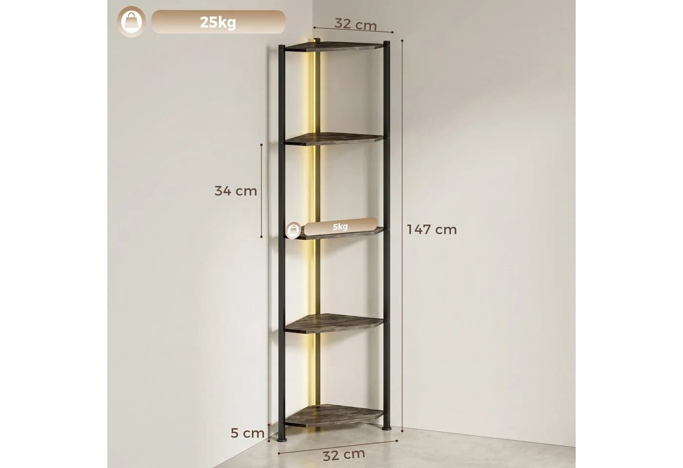 HOMCOM Bücherregal 5-stöckiges Eckregal mit LED-Beleuchtung Braun/Schwarz - Bild 3