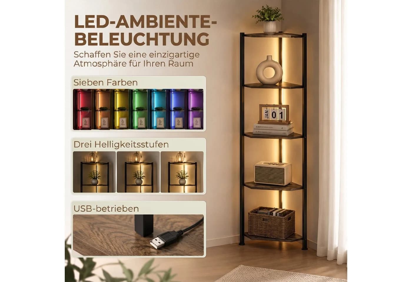 HOMCOM Bücherregal 5-stöckiges Eckregal mit LED-Beleuchtung Braun/Schwarz - Bild 4