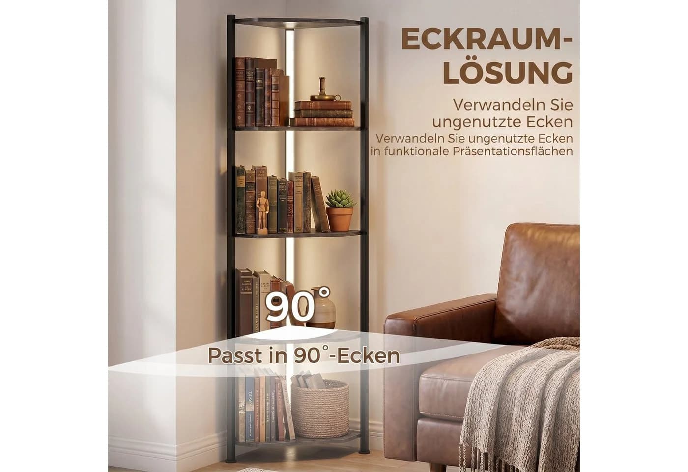 HOMCOM Bücherregal 5-stöckiges Eckregal mit LED-Beleuchtung Braun/Schwarz - Bild 5