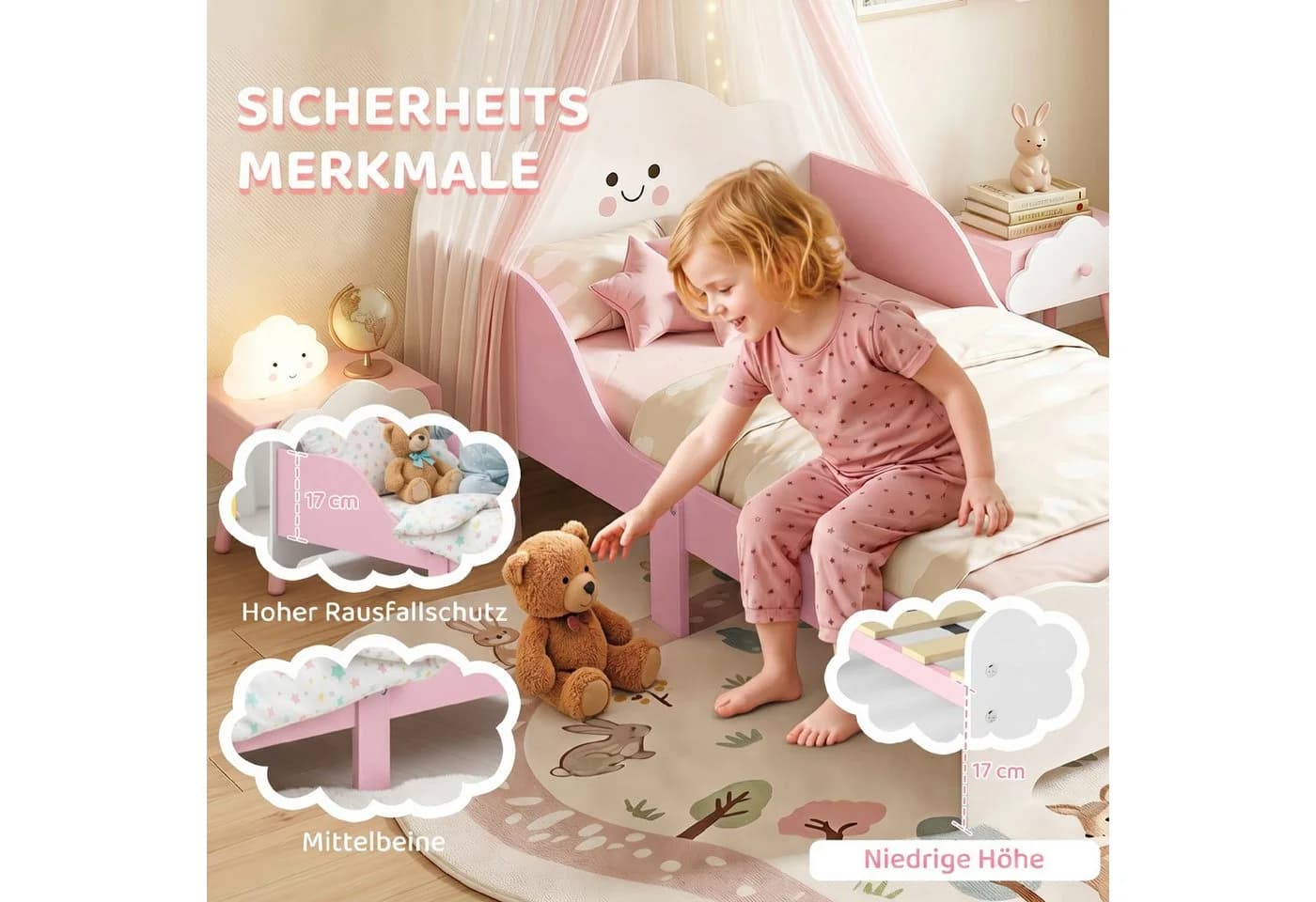 AIYAPLAY Kinderbett Rosa Weiß mit Schutzgitter Montessori Design - Bild 5