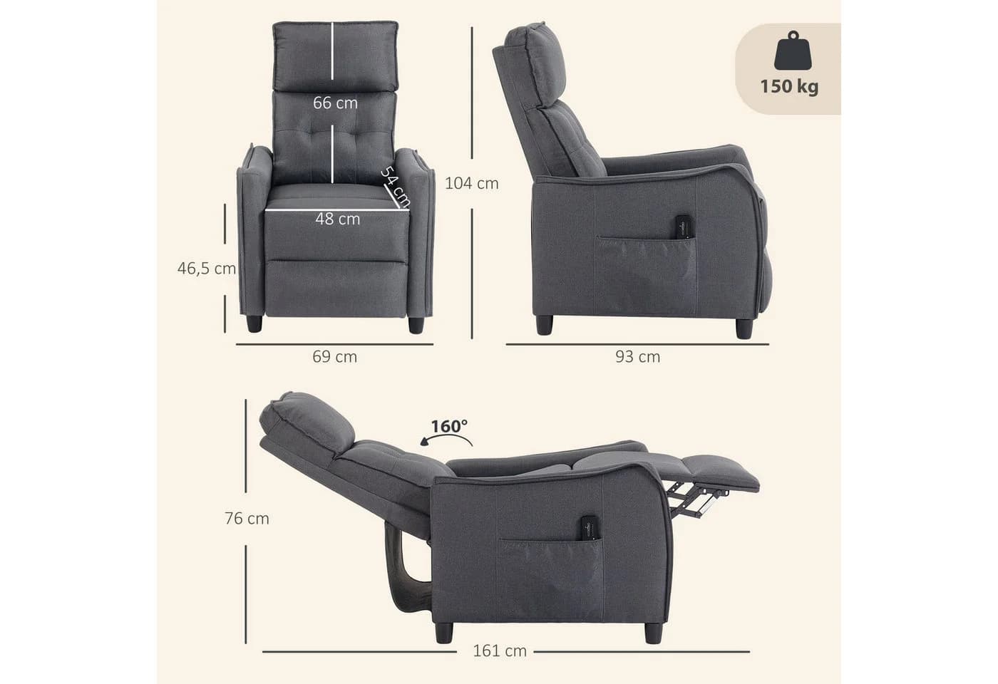 HOMCOM Massagesessel Fernsehsessel Grau mit Massagefunktion und Liegefunktion - Bild 3