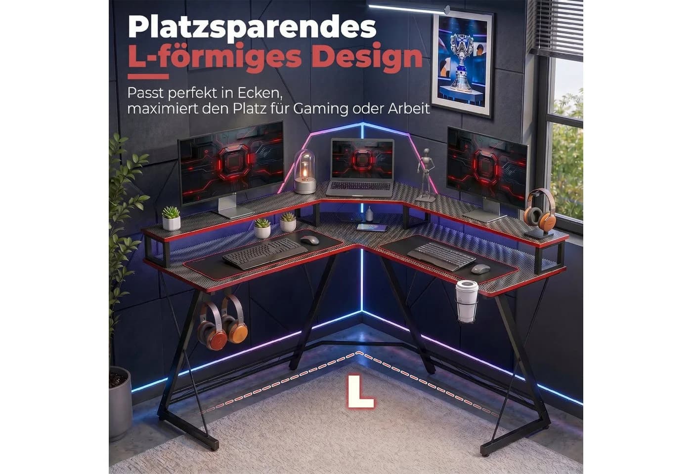 HOMCOM Eckschreibtisch Schwarz mit Steckdosen & USB - Bild 4