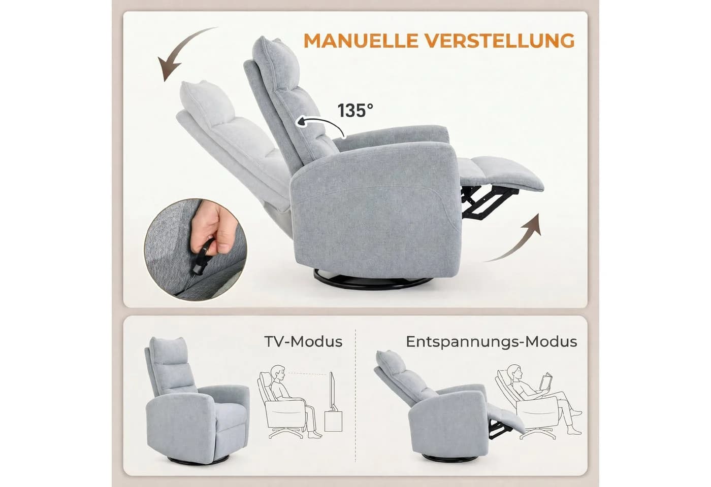 HOMCOM Relaxsessel Hellgrau mit Liege- und Drehfunktion - Bild 4