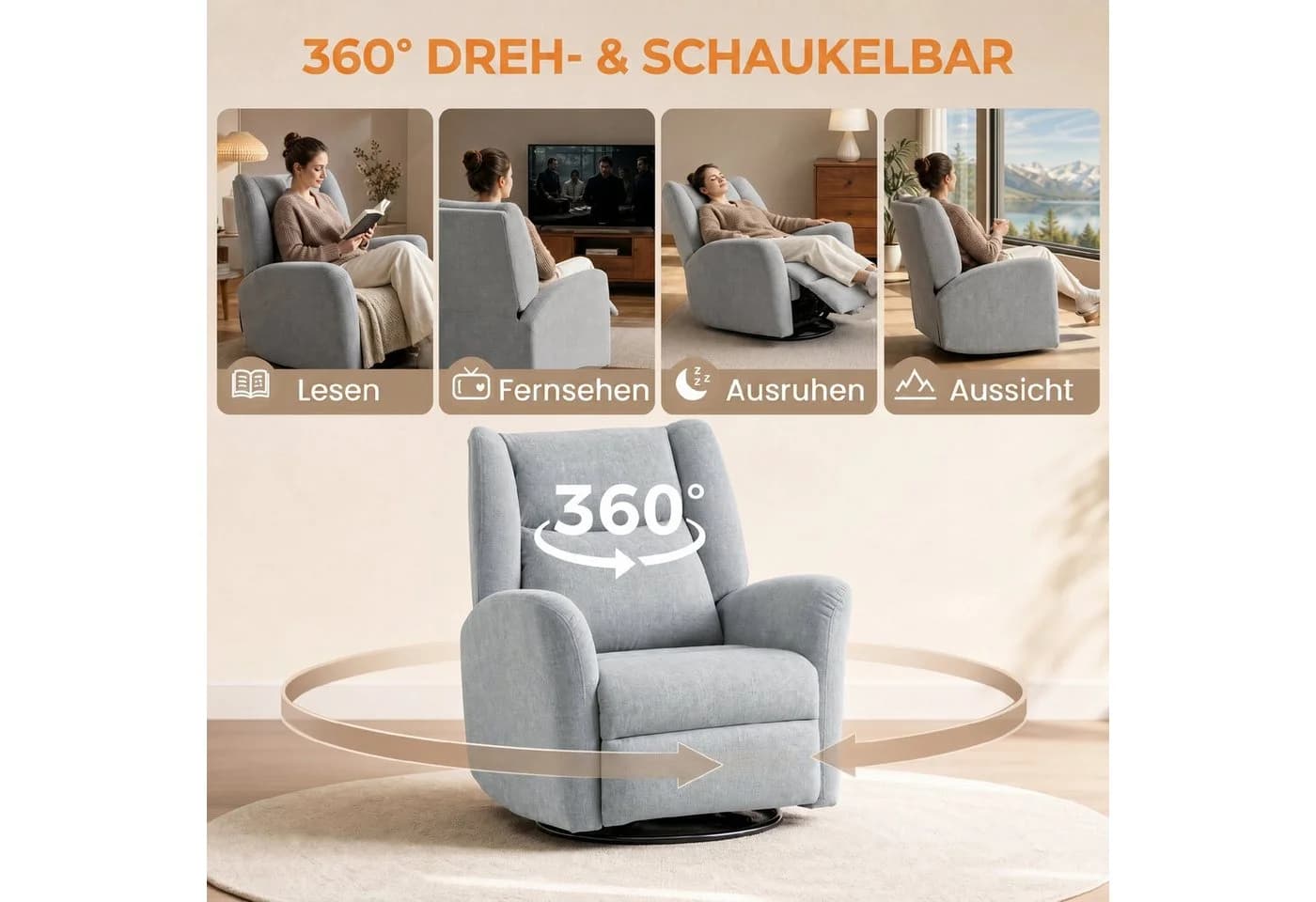 HOMCOM Relaxsessel Hellgrau mit Liege- und Drehfunktion - Bild 5