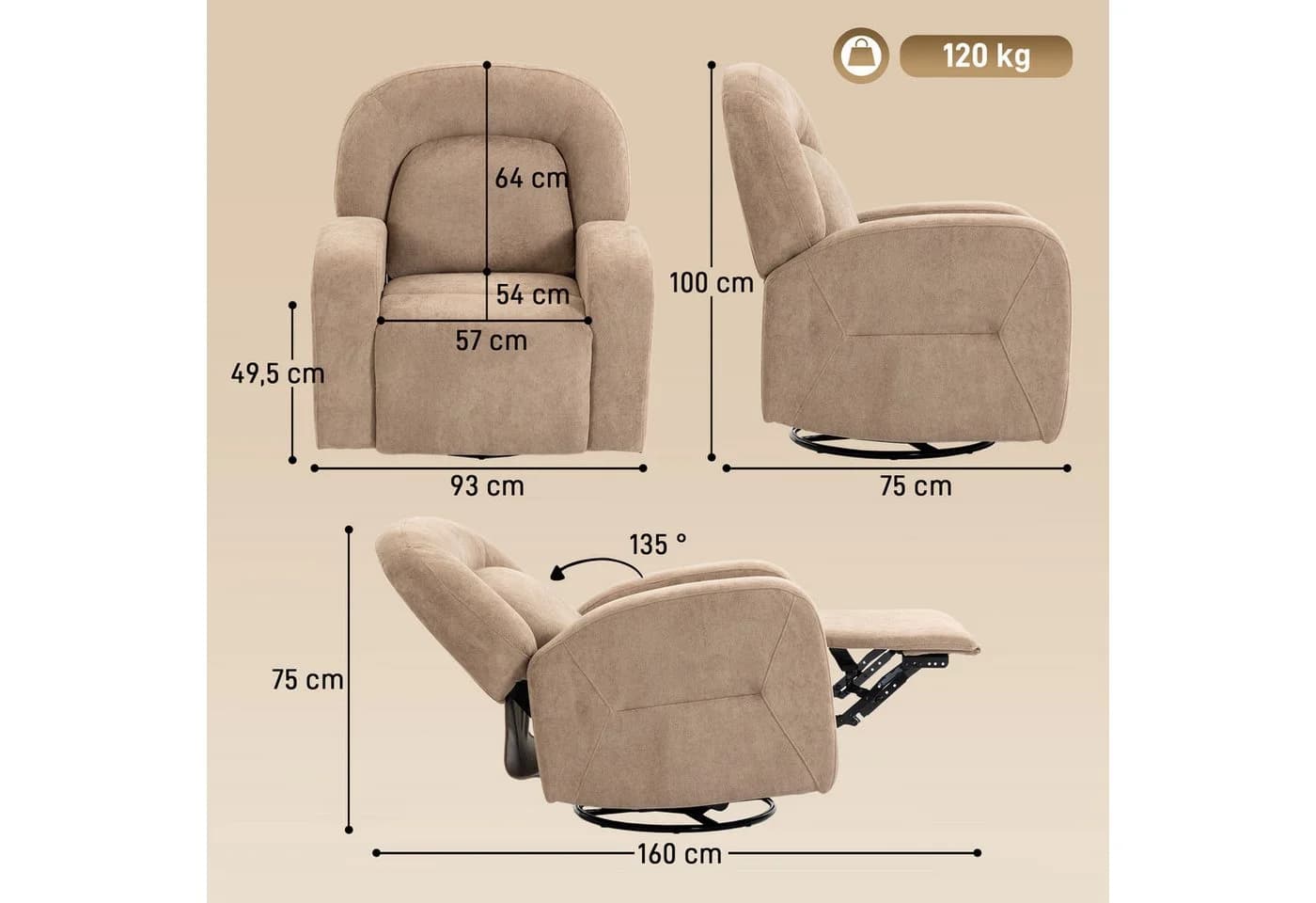 HOMCOM Relaxsessel mit Liege- und Drehfunktion, Samt-Optik Braun - Bild 3