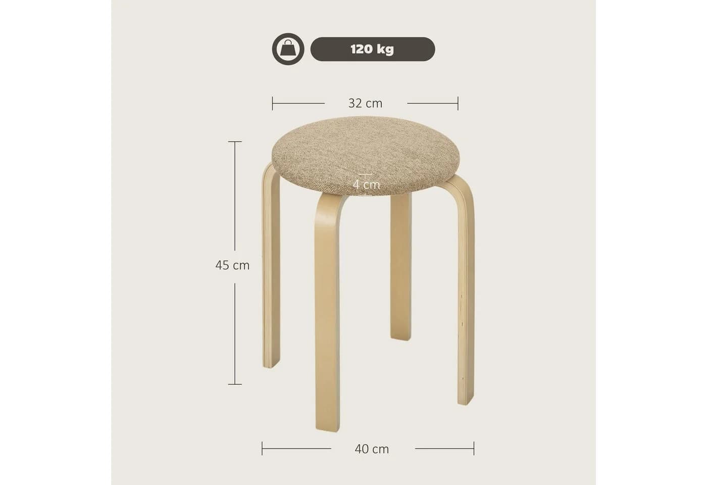 HOMCOM Küchenhocker 4er-Set Stapelhocker Khaki Birkensperrholz - Bild 3