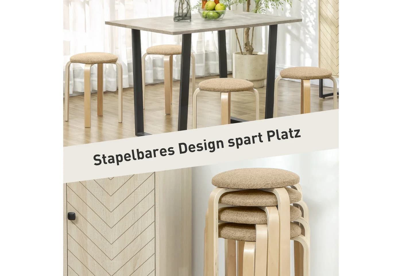 HOMCOM Küchenhocker 4er-Set Stapelhocker Khaki Birkensperrholz - Bild 4