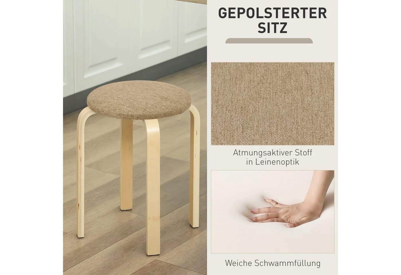 HOMCOM Küchenhocker 4er-Set Stapelhocker Khaki Birkensperrholz - Bild 5