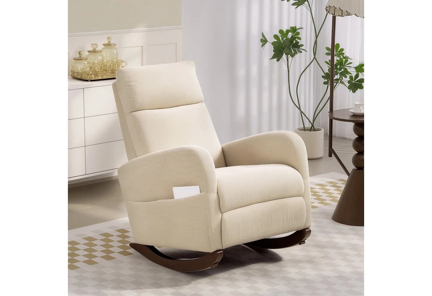 HOMCOM Schaukelstuhl mit Cordbezug und Stauraumtaschen Beige - Bild 2