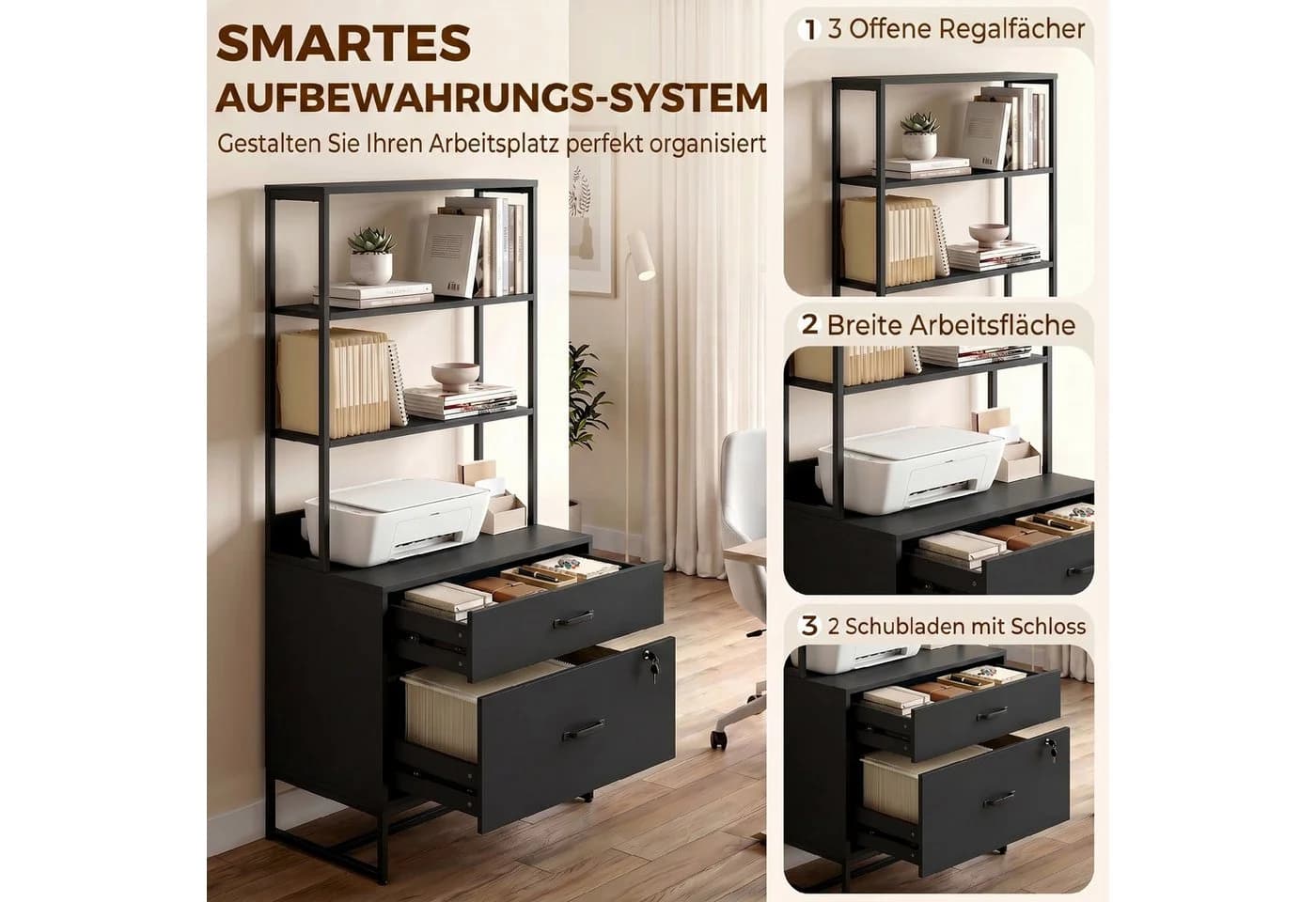 HOMCOM Aktenschrank Schwarz mit 2 Schubladen & 3 Fächern - Bild 4