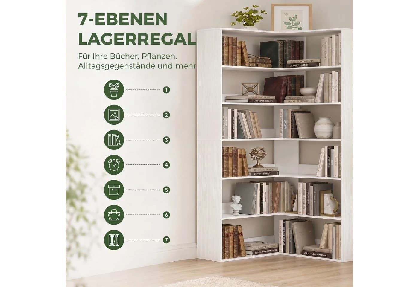 HOMCOM Bücherregal L-förmig 7 Ebenen Weiß Holzoptik - Bild 5