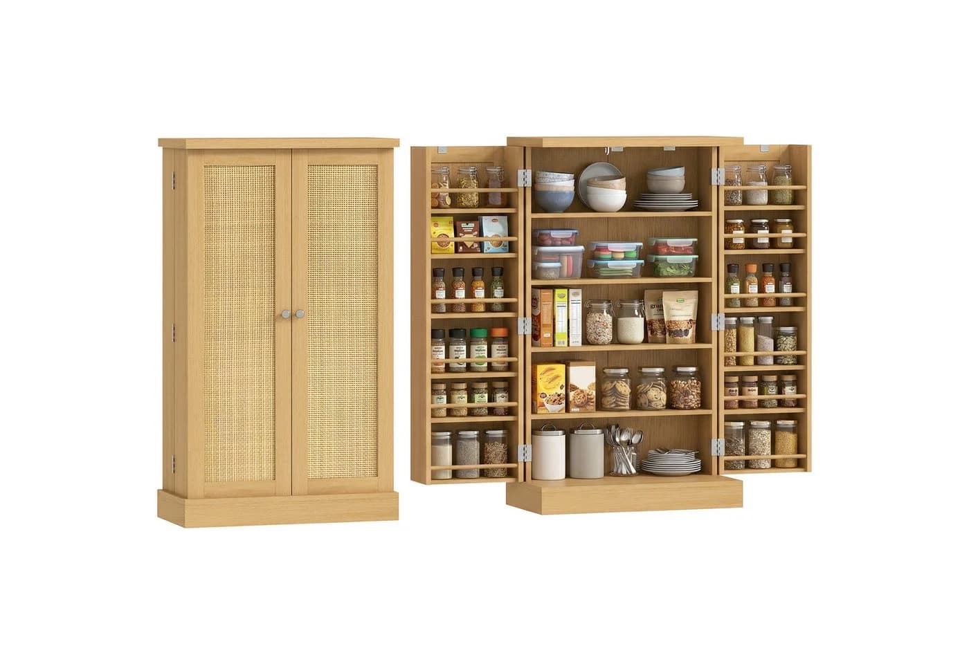 HOMCOM Hochschrank Vitrinenschrank mit Rattanoptik und 12 Gewürzfächern