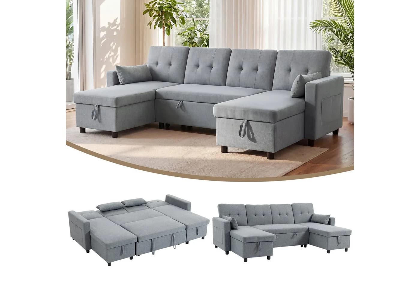 HOMCOM Ecksofa mit Schlaffunktion und Stauraum Grau