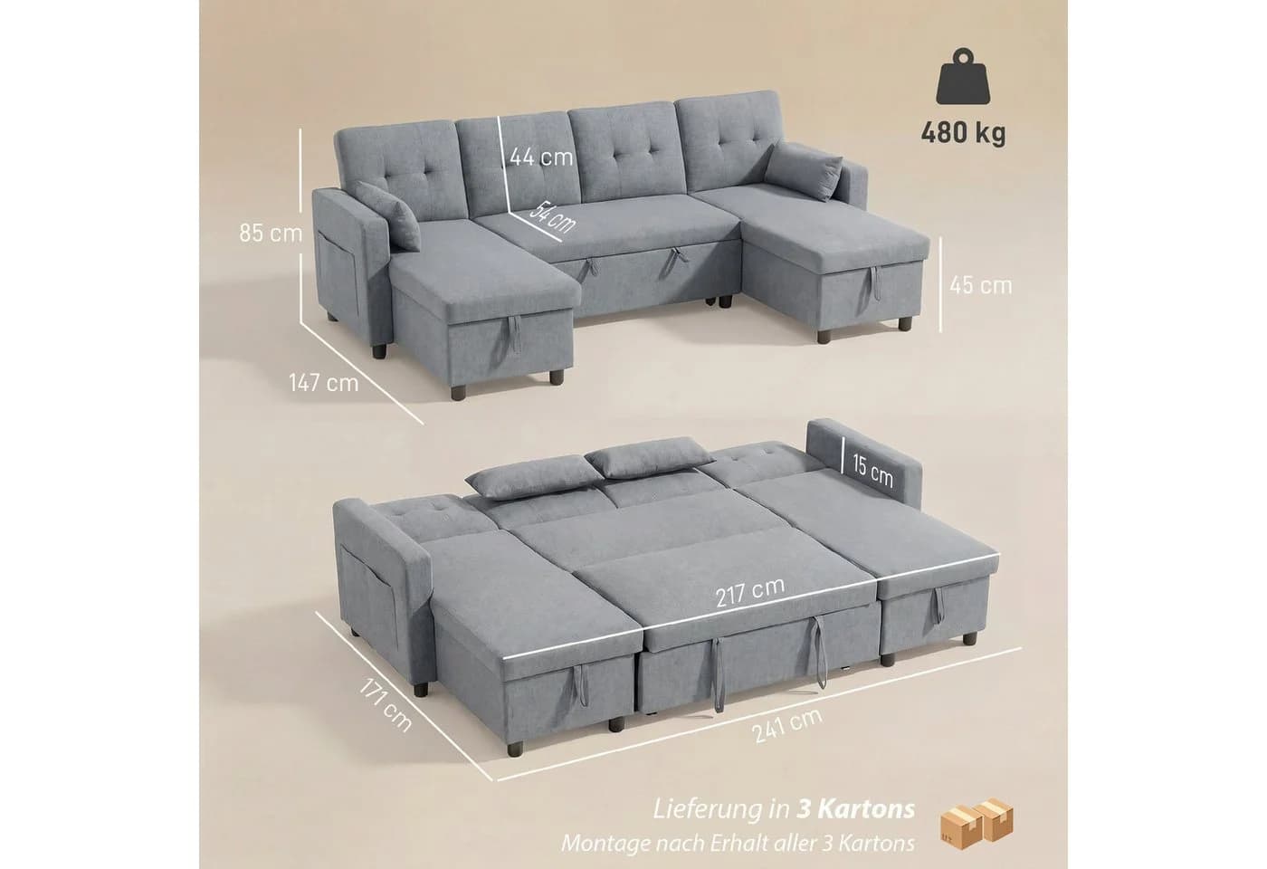 HOMCOM Ecksofa mit Schlaffunktion und Stauraum Grau - Bild 3
