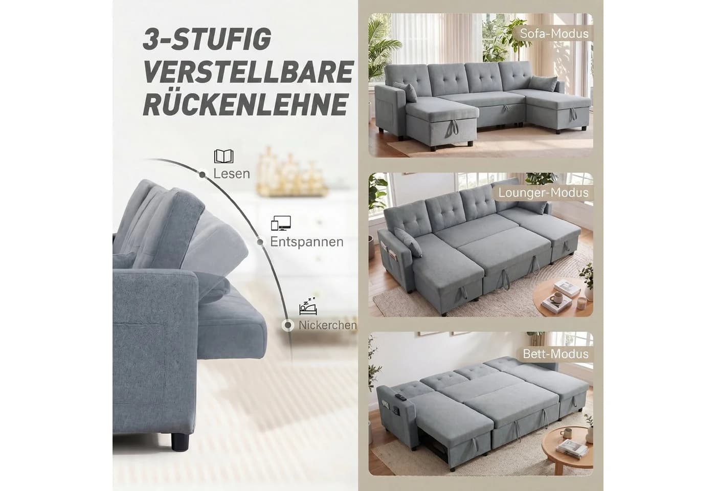 HOMCOM Ecksofa mit Schlaffunktion und Stauraum Grau - Bild 4