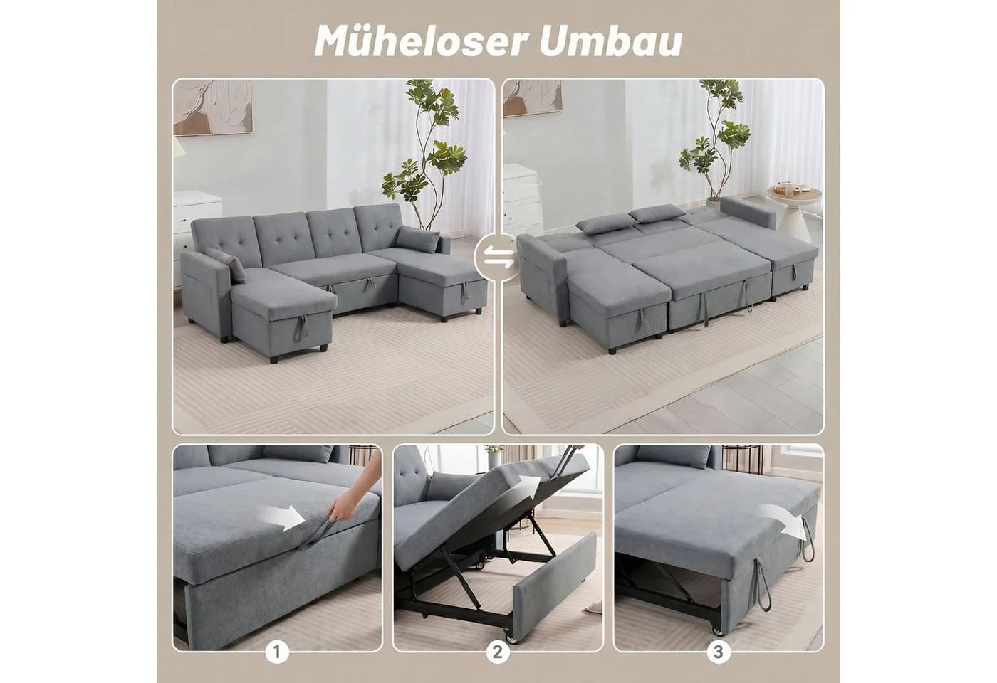 HOMCOM Ecksofa mit Schlaffunktion und Stauraum Grau - Bild 5