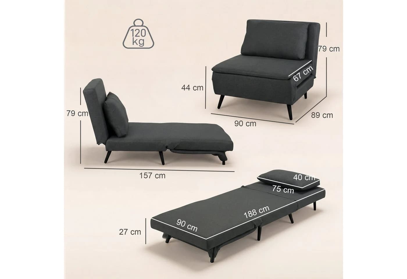HOMCOM 3-in-1 Schlafsofa Schlafsessel Dunkelgrau mit Bettfunktion - Bild 3