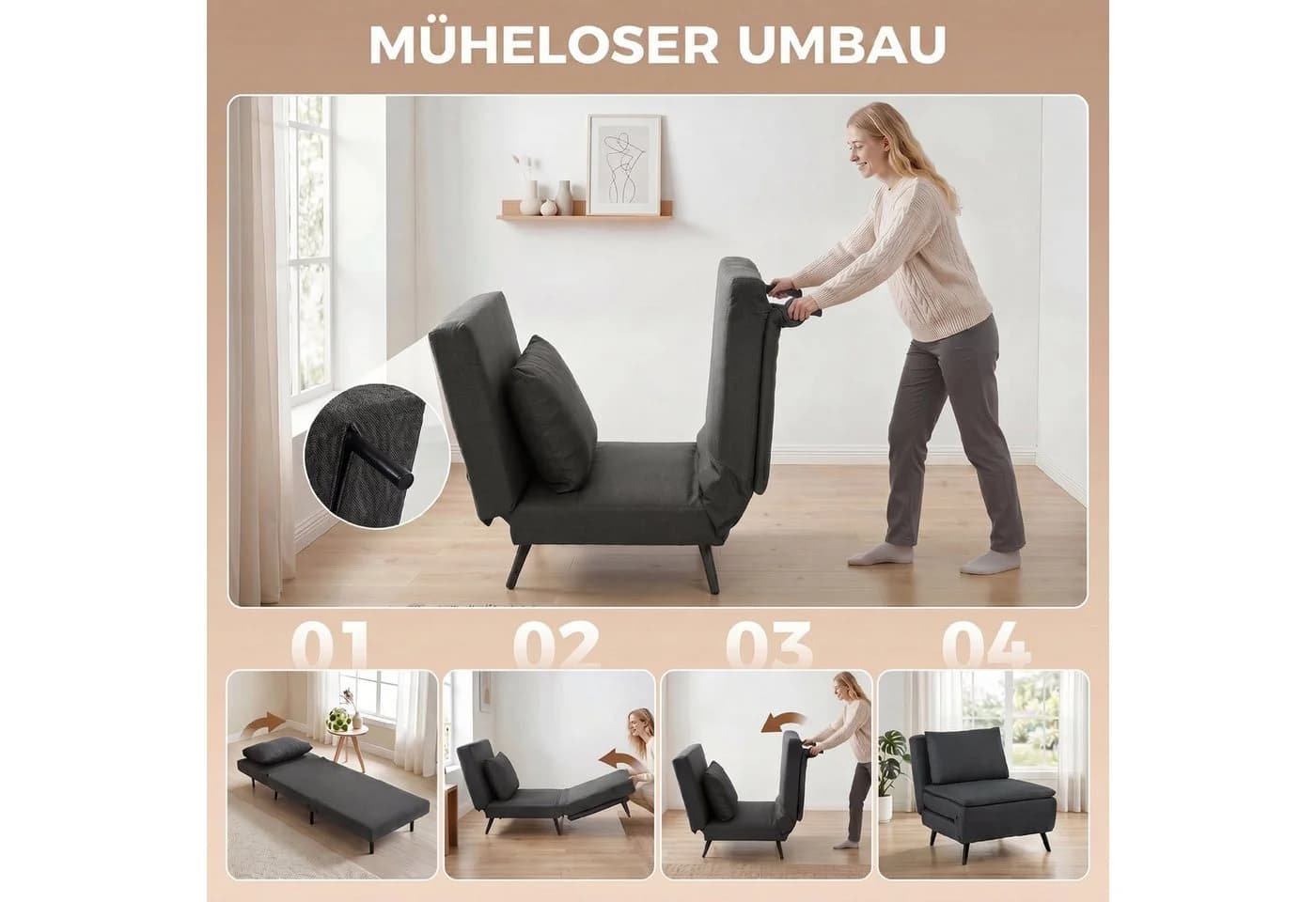 HOMCOM 3-in-1 Schlafsofa Schlafsessel Dunkelgrau mit Bettfunktion - Bild 4