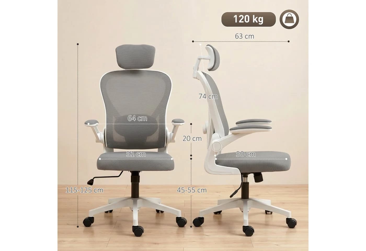 HOMCOM Bürostuhl Ergonomisch mit Netzbespannung Grau - Bild 3