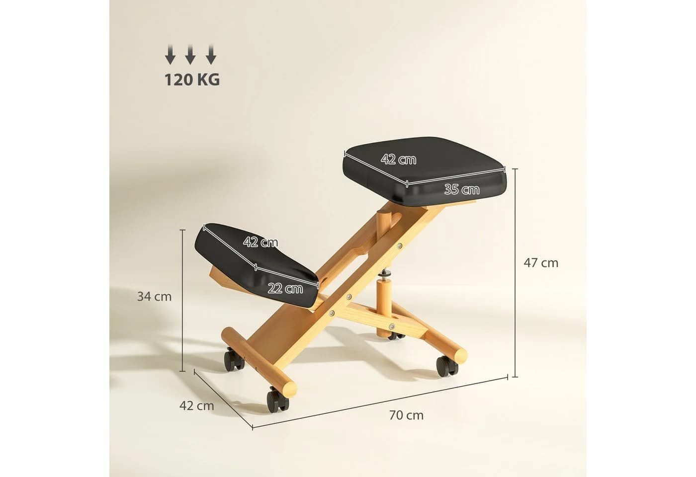 HOMCOM Ergonomischer Kniestuhl Schwarz mit Rollen - Bild 3