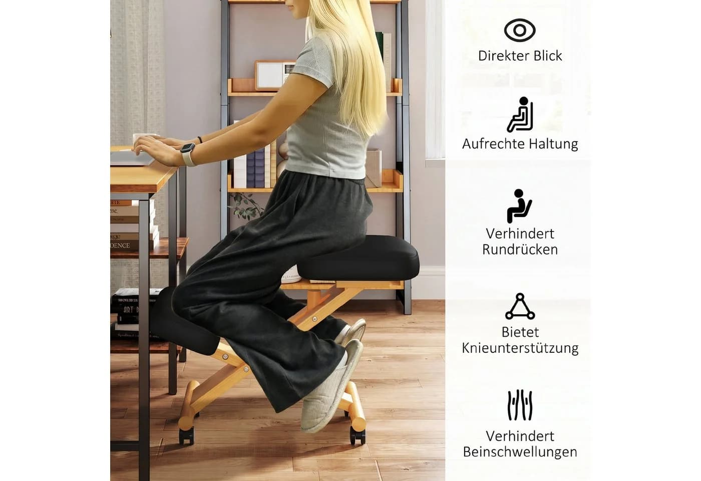 HOMCOM Ergonomischer Kniestuhl Schwarz mit Rollen - Bild 5