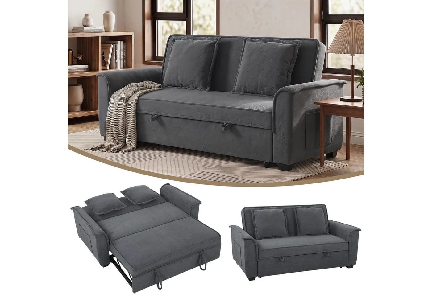 HOMCOM Schlafsofa 3-in-1 mit Verstellbarer Rückenlehne Dunkelgrau