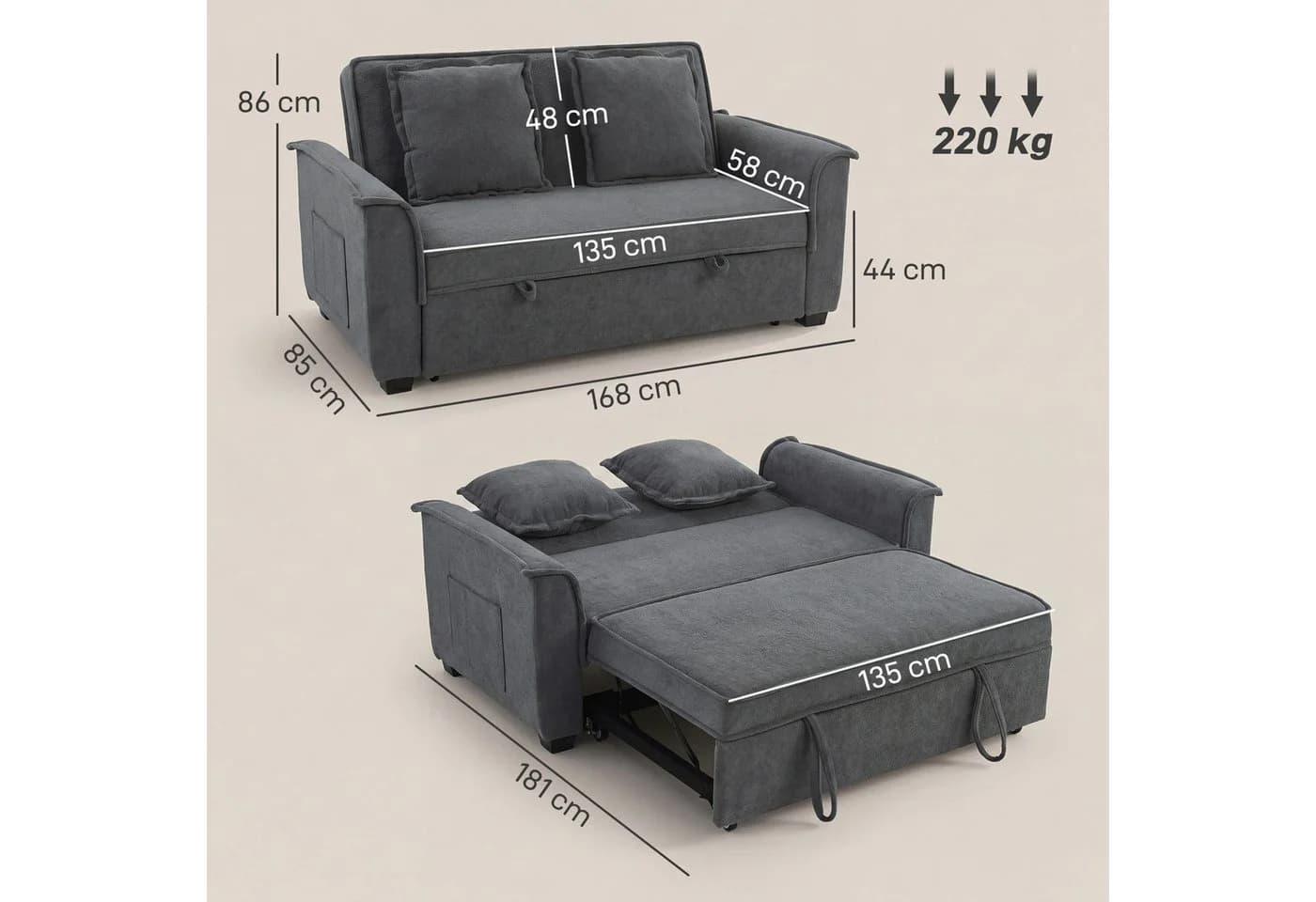 HOMCOM Schlafsofa 3-in-1 mit Verstellbarer Rückenlehne Dunkelgrau - Bild 3