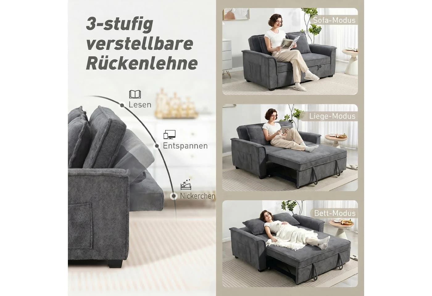 HOMCOM Schlafsofa 3-in-1 mit Verstellbarer Rückenlehne Dunkelgrau - Bild 5