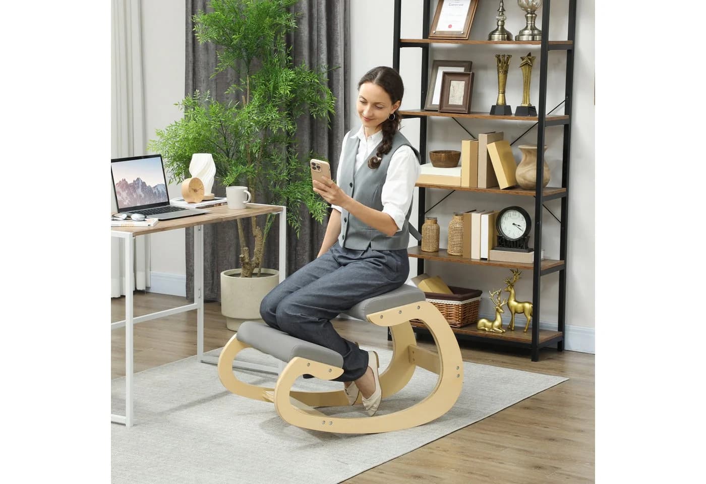 HOMCOM Kniestuhl Hellgrau Buchenholz Ergonomisch - Bild 2