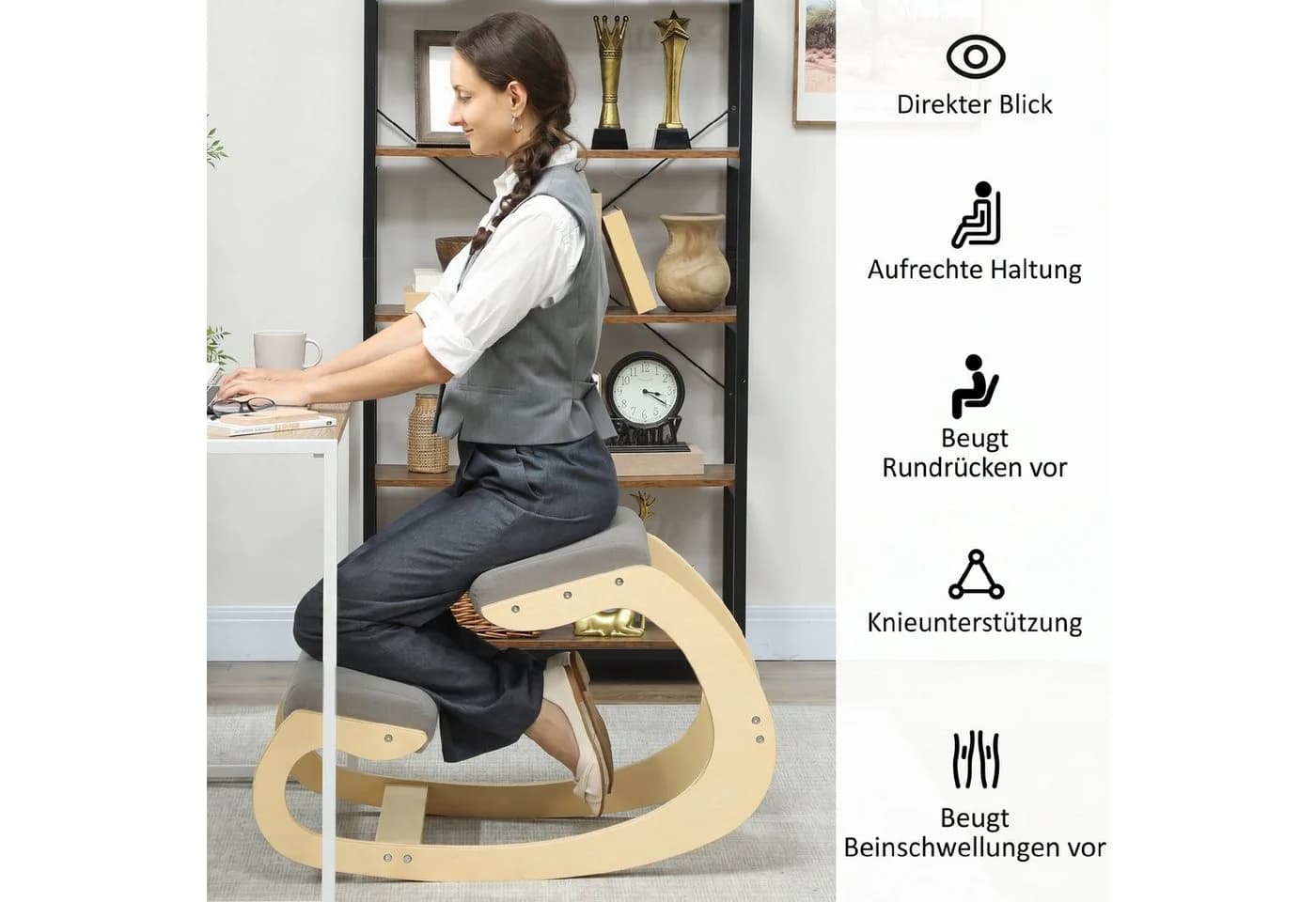 HOMCOM Kniestuhl Hellgrau Buchenholz Ergonomisch - Bild 5