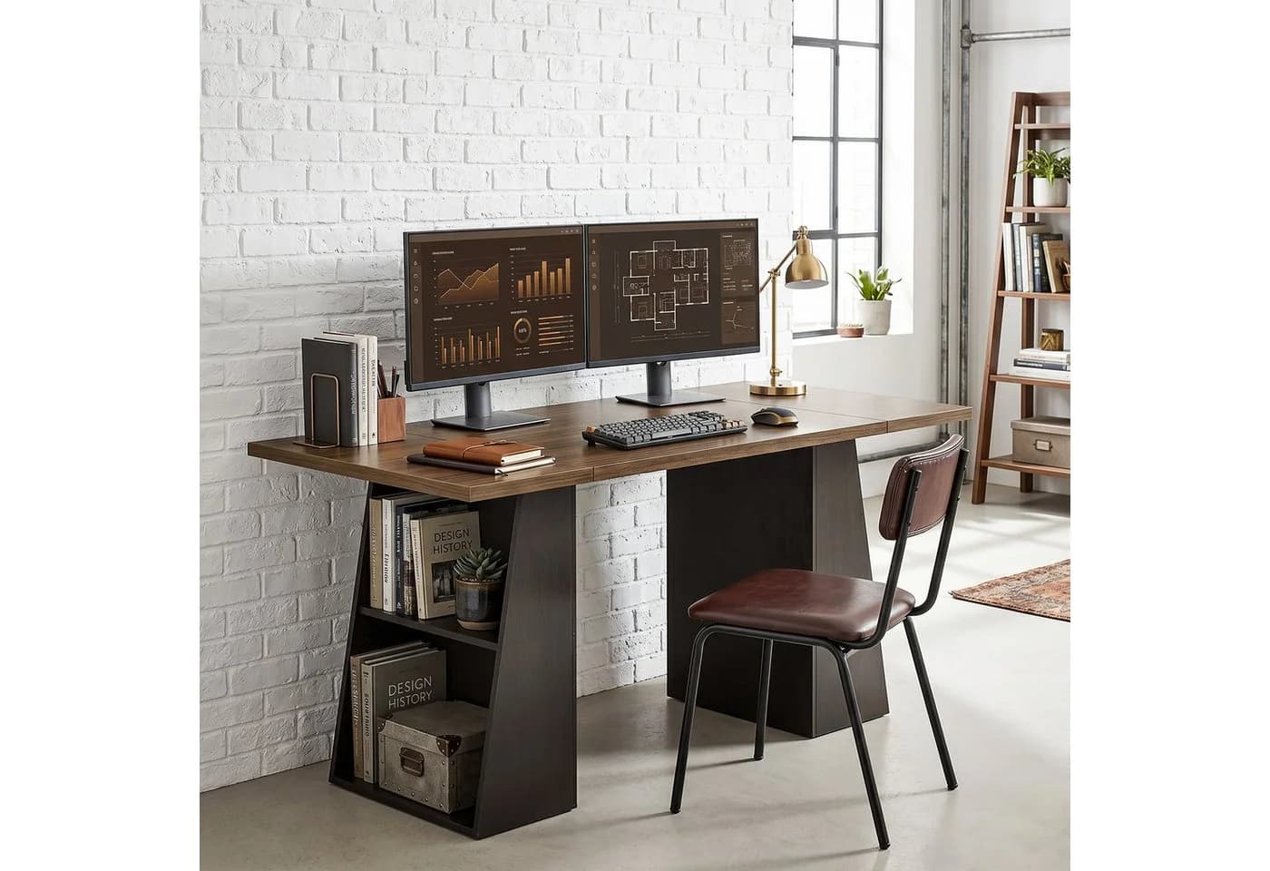 HOMCOM Schreibtisch mit Metallrahmen und Stauraum Braun/Schwarz - Bild 2
