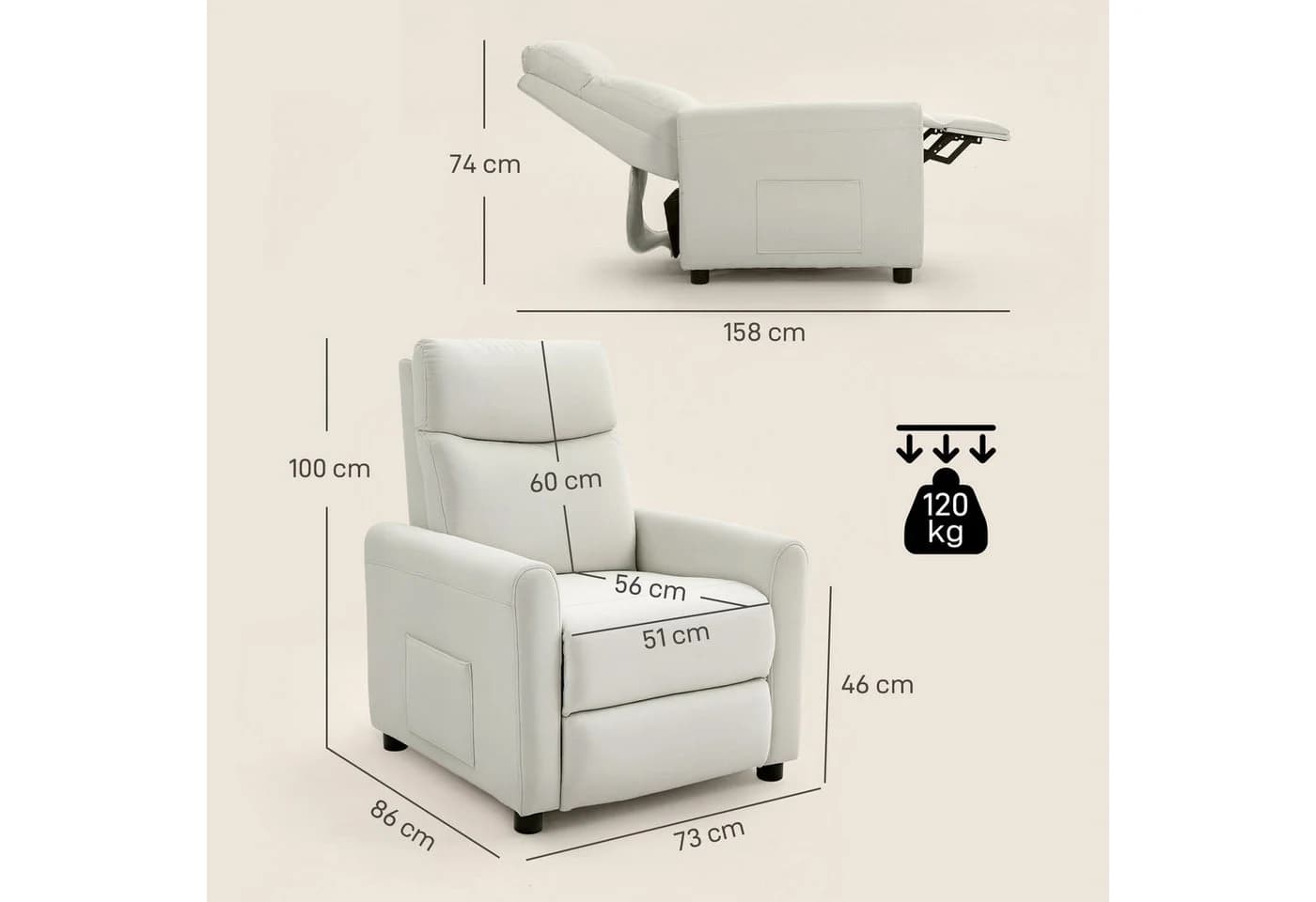 HOMCOM Relaxsessel Fernsehessel mit Liegefunktion Cremeweiß - Bild 3