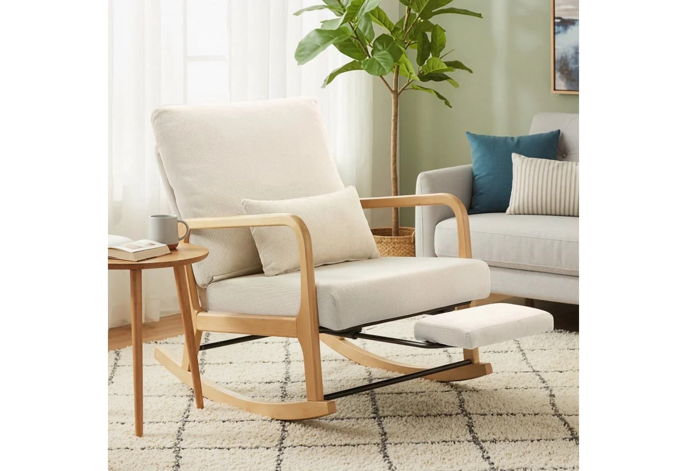HOMCOM Schaukelstuhl Beige mit verstellbarer Rückenlehne und Fußstütze - Bild 2