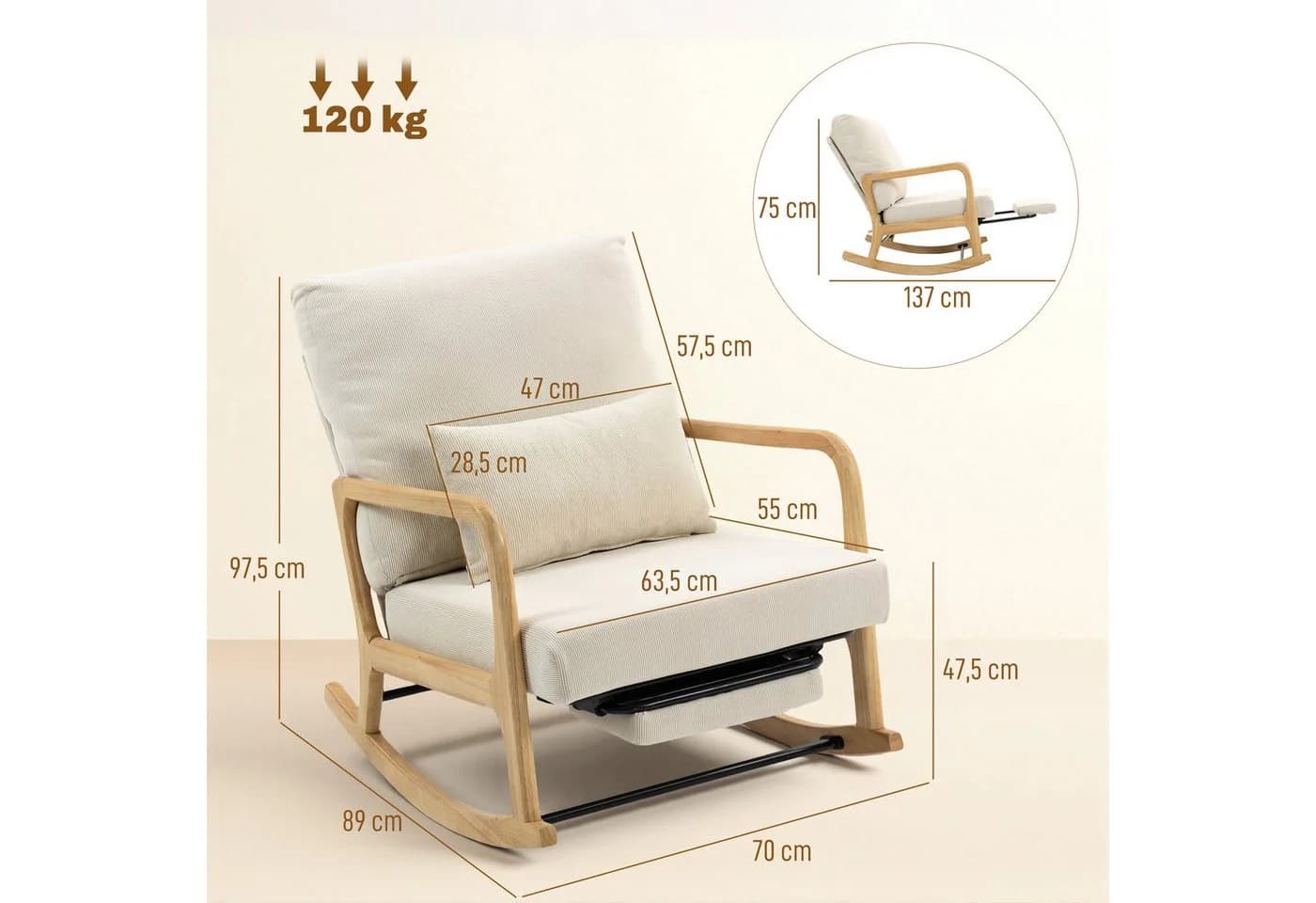 HOMCOM Schaukelstuhl Beige mit verstellbarer Rückenlehne und Fußstütze - Bild 3