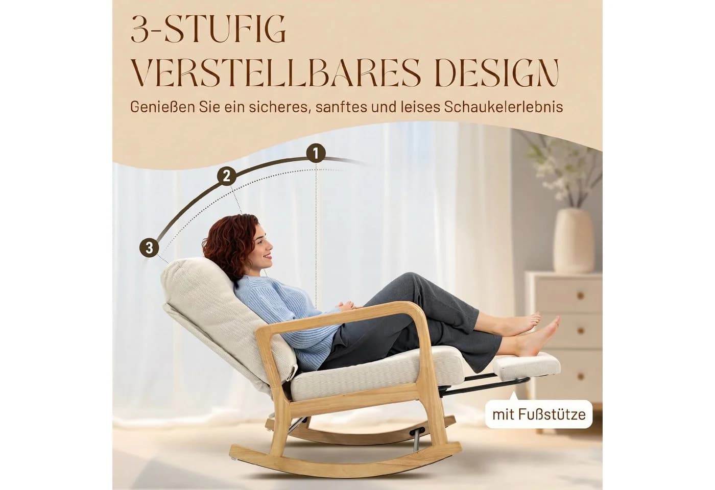 HOMCOM Schaukelstuhl Beige mit verstellbarer Rückenlehne und Fußstütze - Bild 4