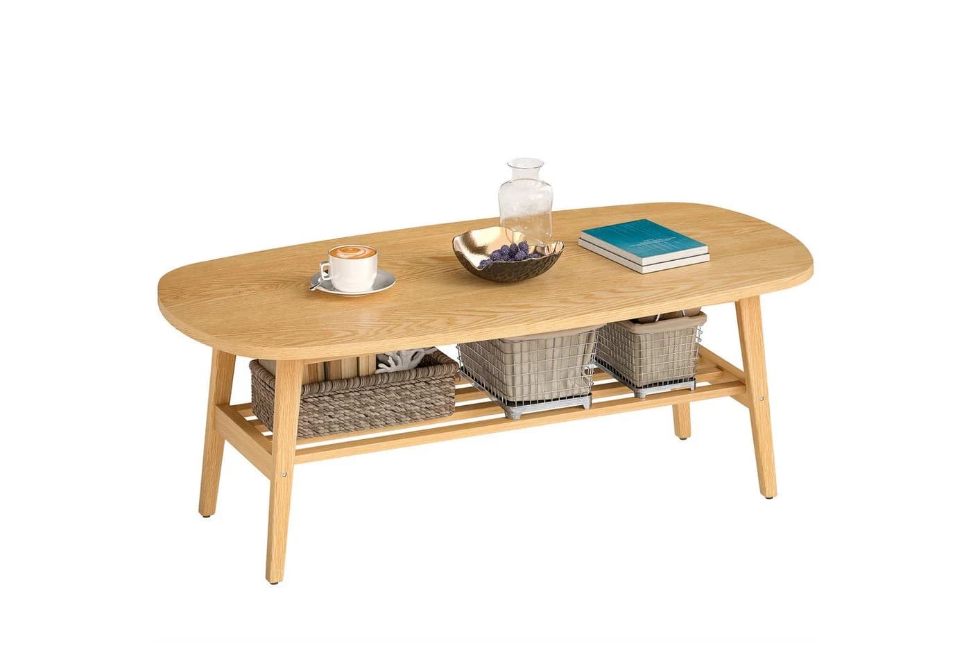 HOMCOM Couchtisch Ovale Tischplatte mit Ablage Naturholz
