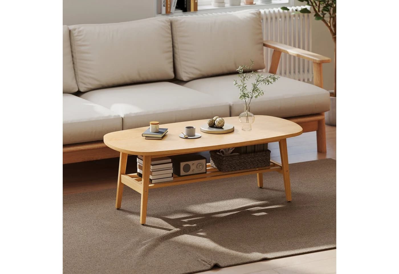 HOMCOM Couchtisch Ovale Tischplatte mit Ablage Naturholz - Bild 2