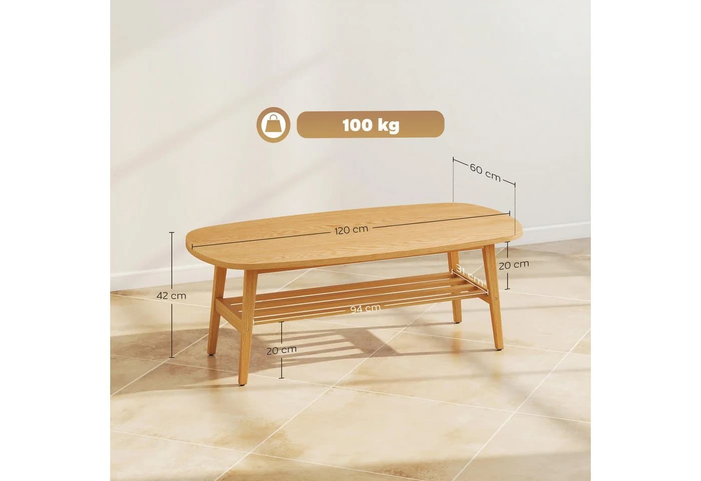 HOMCOM Couchtisch Ovale Tischplatte mit Ablage Naturholz - Bild 3