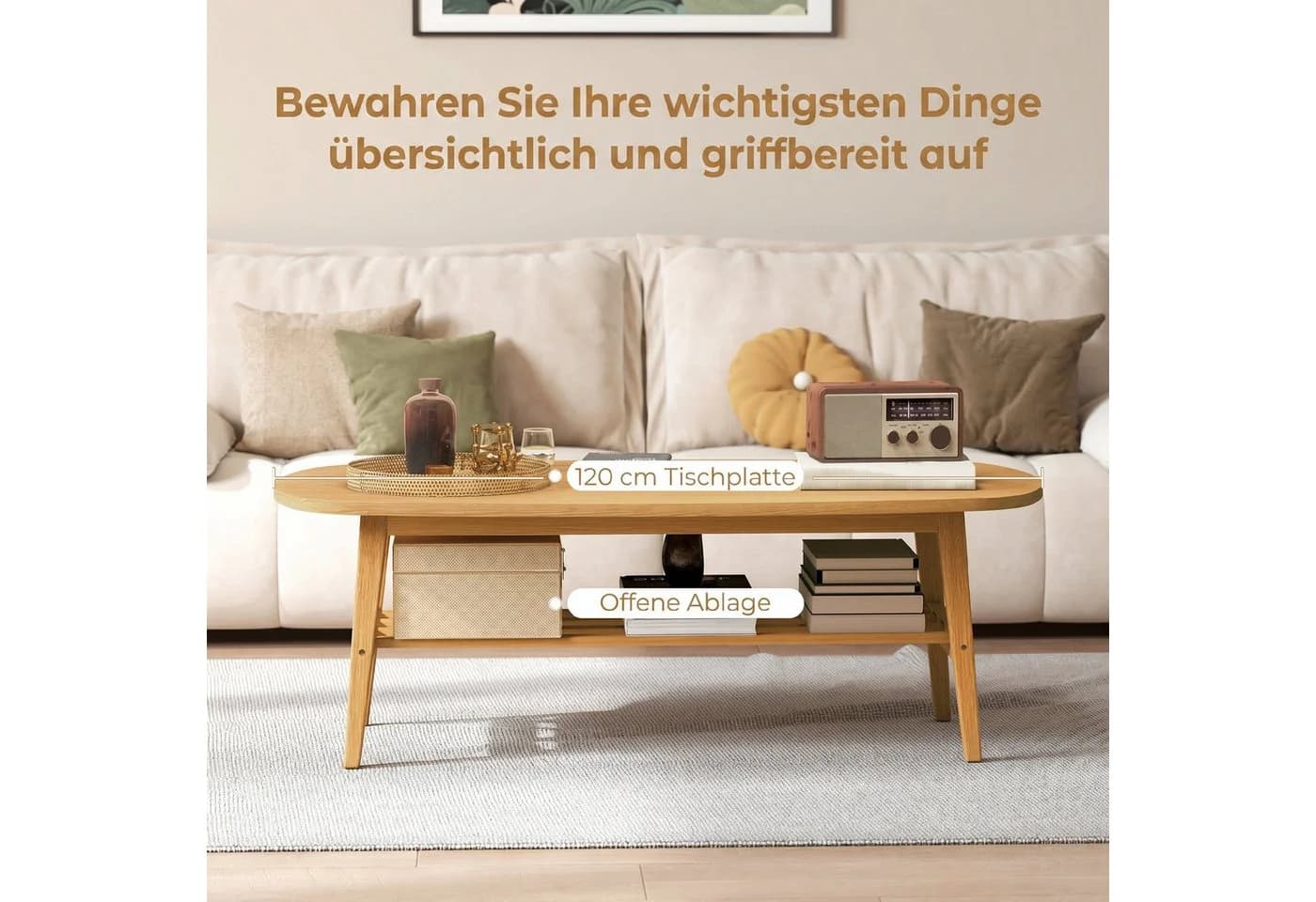 HOMCOM Couchtisch Ovale Tischplatte mit Ablage Naturholz - Bild 4