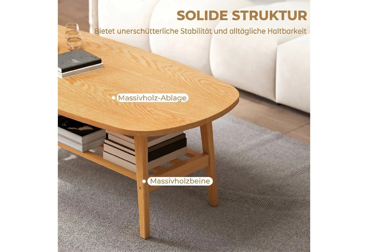 HOMCOM Couchtisch Ovale Tischplatte mit Ablage Naturholz - Bild 5