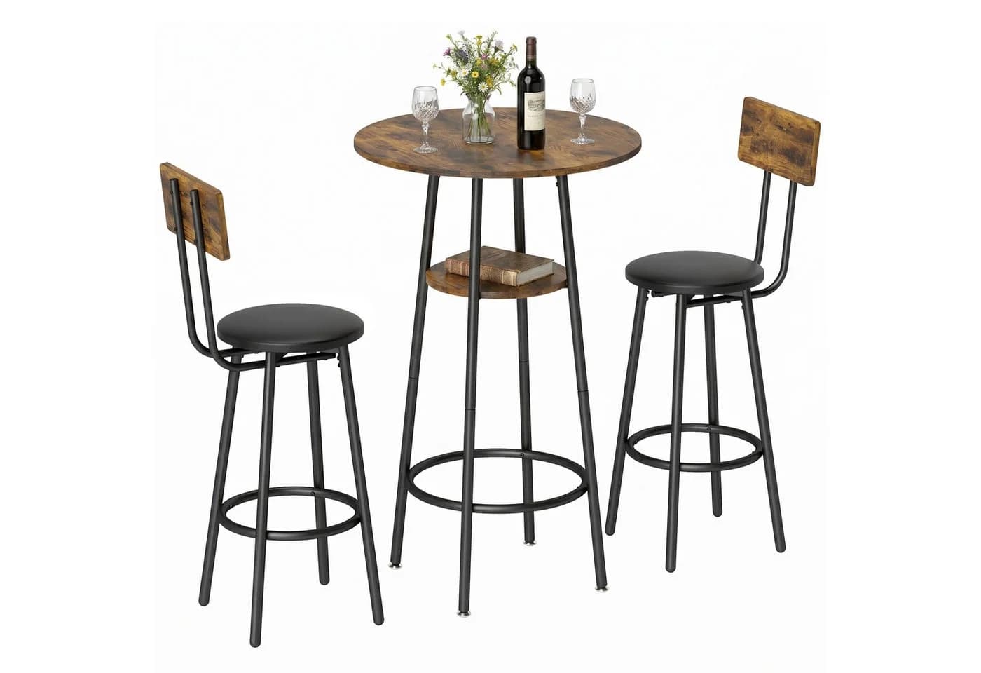 HOMCOM Bartisch mit 2 Barhockern Set Braun Schwarz Industrie