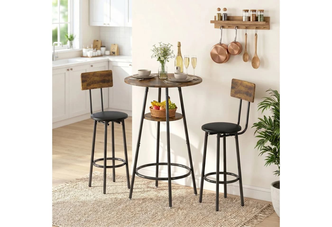 HOMCOM Bartisch mit 2 Barhockern Set Braun Schwarz Industrie - Bild 2