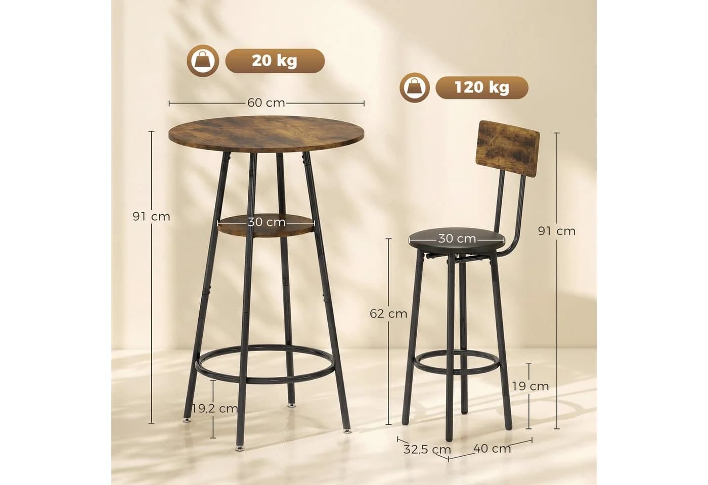 HOMCOM Bartisch mit 2 Barhockern Set Braun Schwarz Industrie - Bild 3