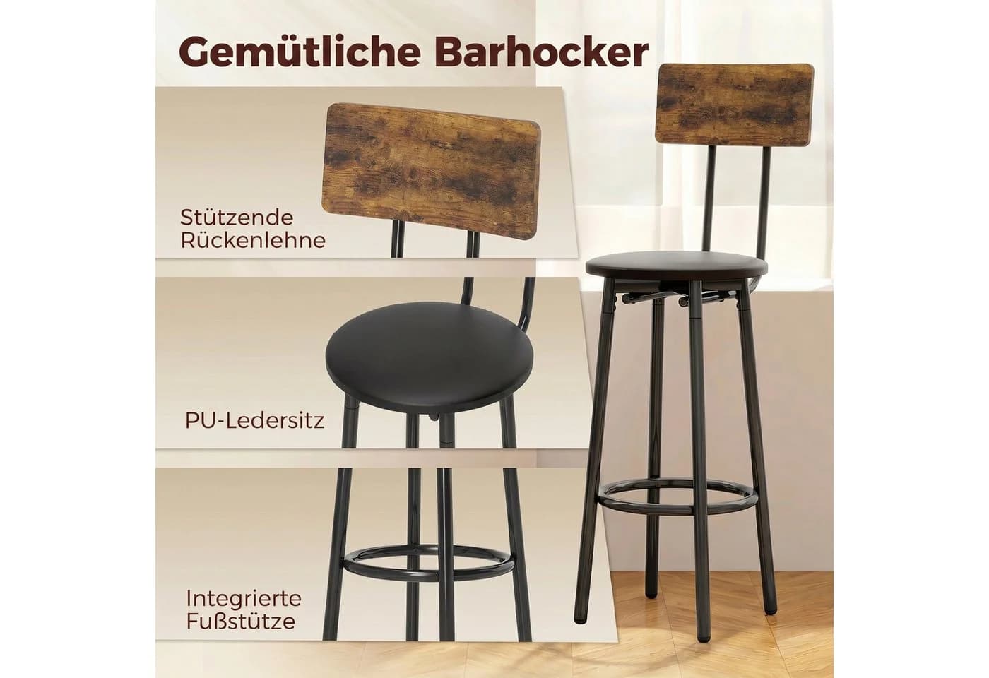 HOMCOM Bartisch mit 2 Barhockern Set Braun Schwarz Industrie - Bild 5