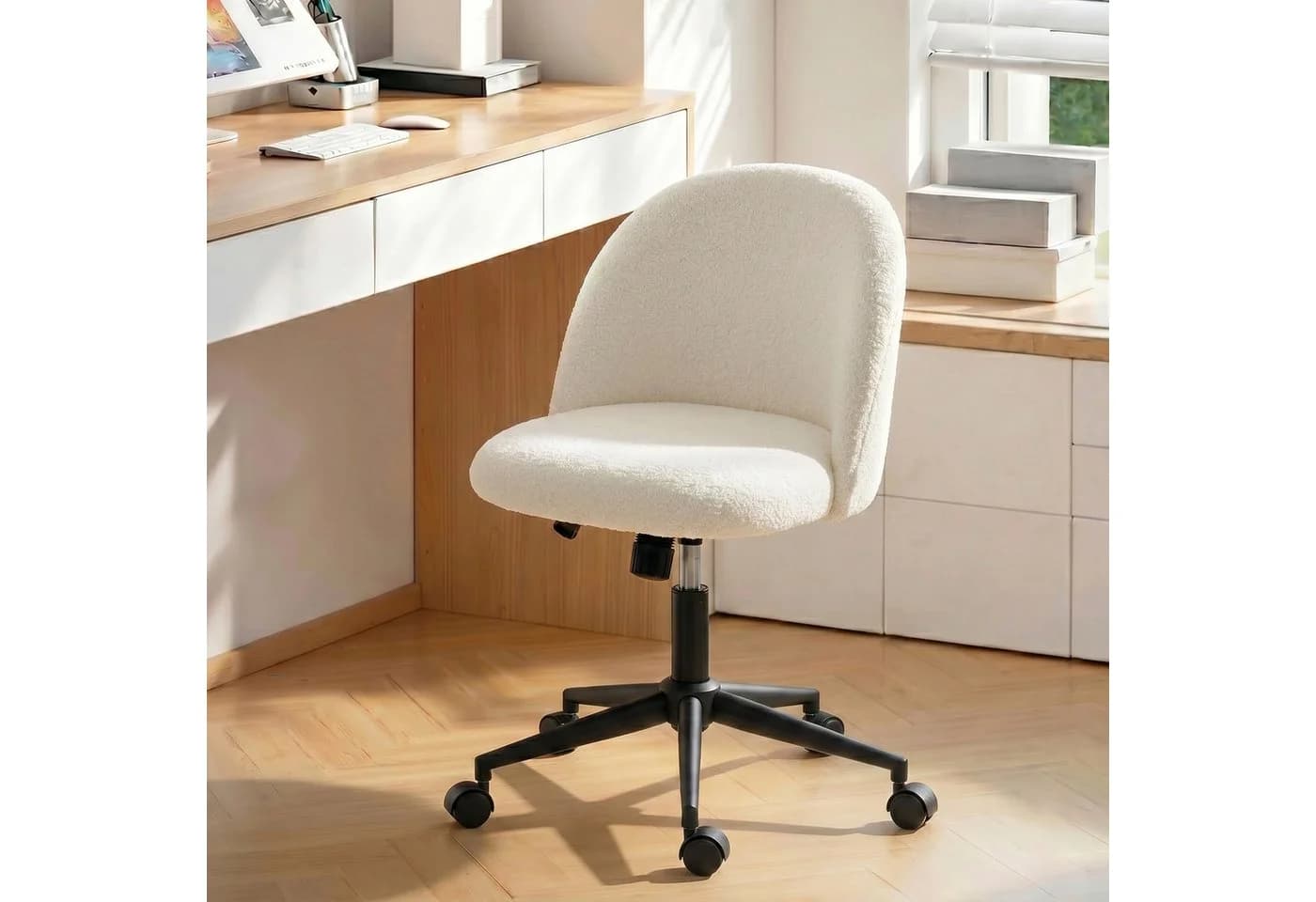 HOMCOM Bürostuhl Cremeweiß Teddy-Fleece Höhenverstellbar Wippfunktion - Bild 2