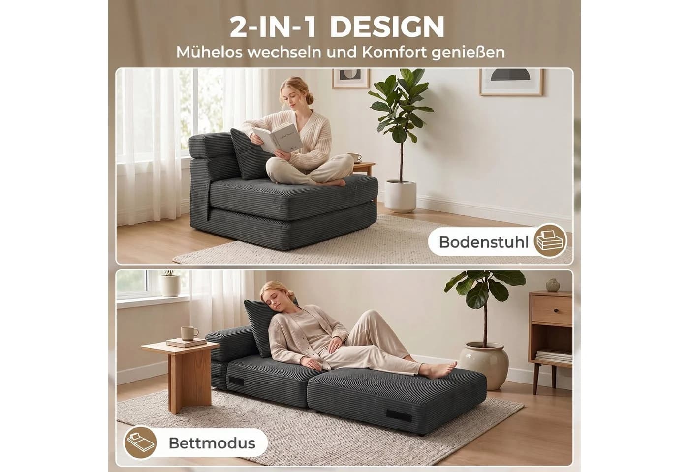 HOMCOM Bodenkissen Klappbar Schlafsessel Grau Cord-Optik 2-in-1 - Bild 4