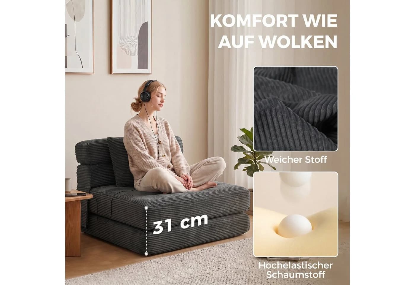 HOMCOM Bodenkissen Klappbar Schlafsessel Grau Cord-Optik 2-in-1 - Bild 5